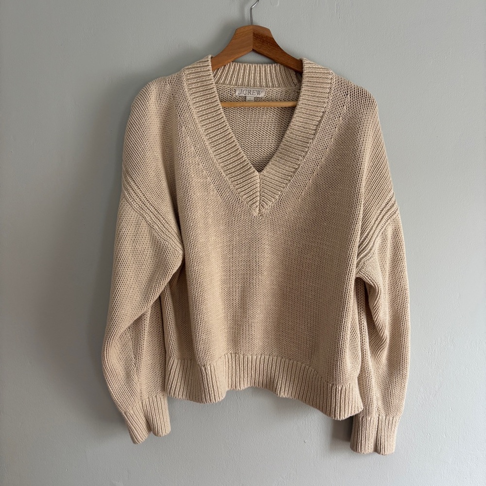 J. Crew Relaxed V-Neck Cotton Knit Sweater in Off-White “Antique” L